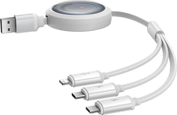 Kabllo karikimi 3-në-1 Baseus Free2Draw, USB në micro USB + USB-C + Lightning, 1.1m, e bardhë