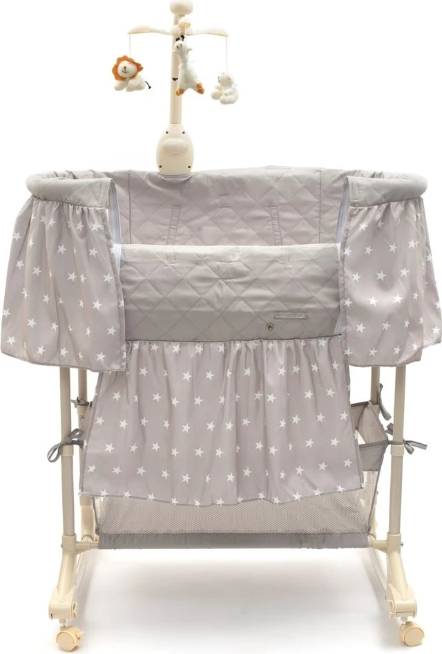 djep/krevat multifunksional për bebe, NEW BABY Stars, rregullim lartësie 4 nivele, karusel me drita muzikë dhe vibrime, kosh praktik, gri