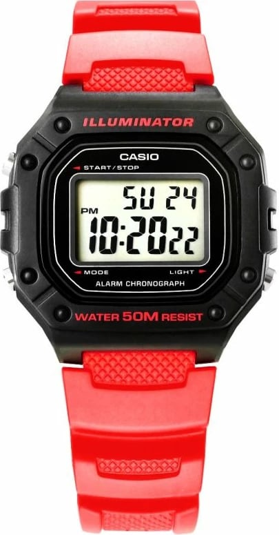 Orë dore për meshkuj Casio W-218H-4B, rrip i kuq, me kuti