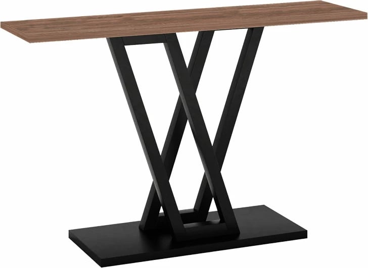 Konsolë Wirmo, melaminë arre, këmbë metali të zeza, 110x30x80 cm