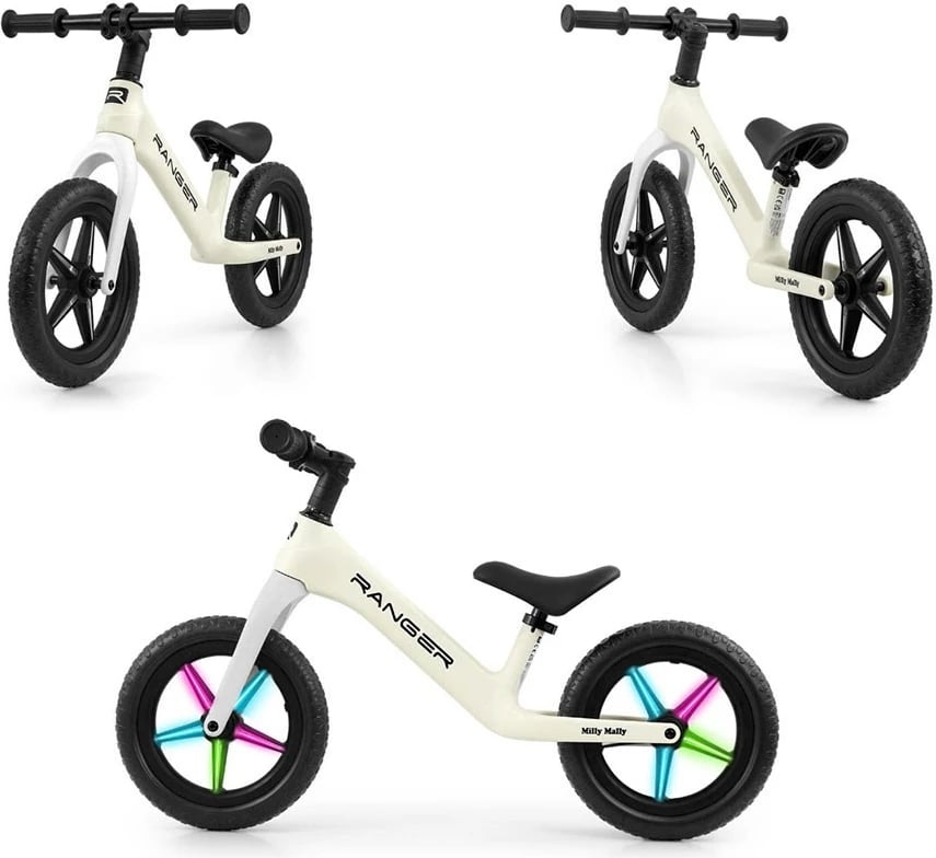 Bicikletë balancuese fëmijësh, Milly Mally Ranger Flash, rrota 12" EVA pa fryrje, kornizë kompozite e lehtë, sedile e rregullueshme, e bardhë