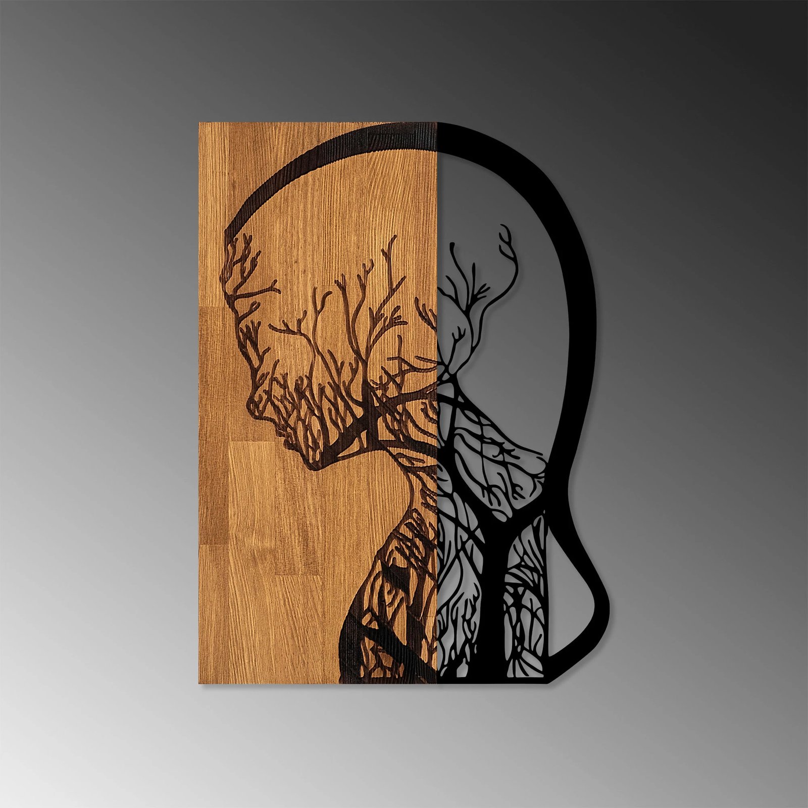 Aksesor dekorativ muri, dru dhe metal, dizajn grua-pemë, ngjyrë arre, 43x58cm