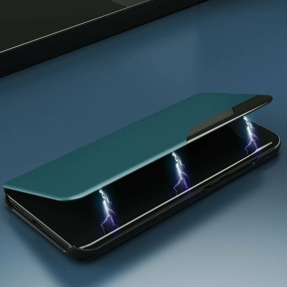 Mbështjellës Hurtel Eco Leather View Case për Samsung Galaxy A72, me kapak dhe mbajtës, Kaltër