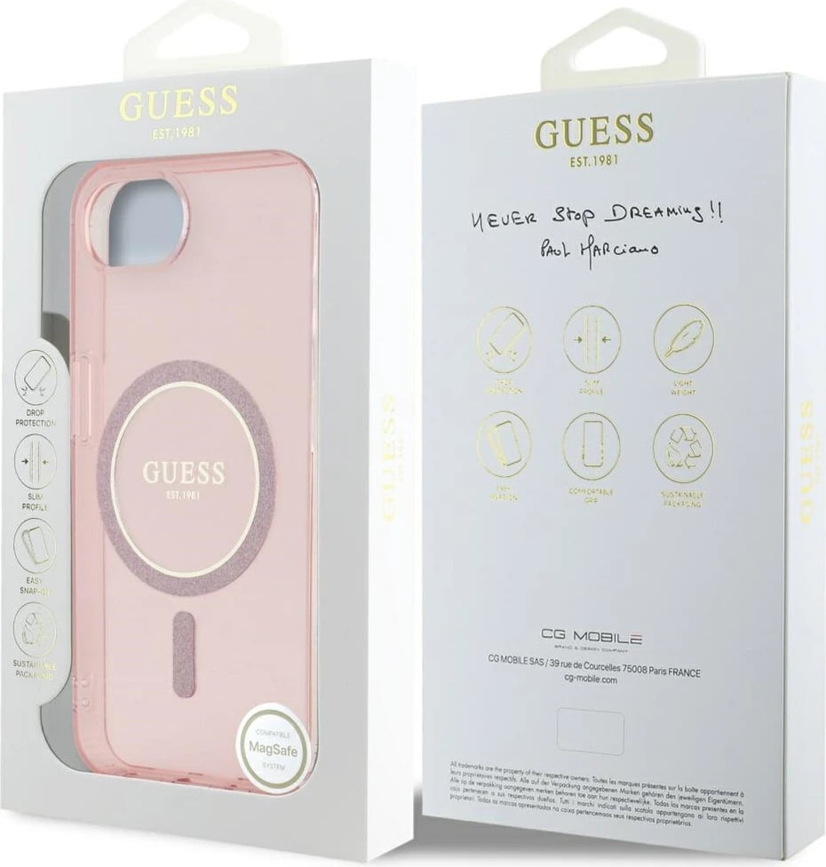 Mbështjellës Guess IML Glitter Circle MagSafe për iPhone 16e, rozë Mbështjellës Guess IML Glitter Circle MagSafe për iPhone 16e, rozë