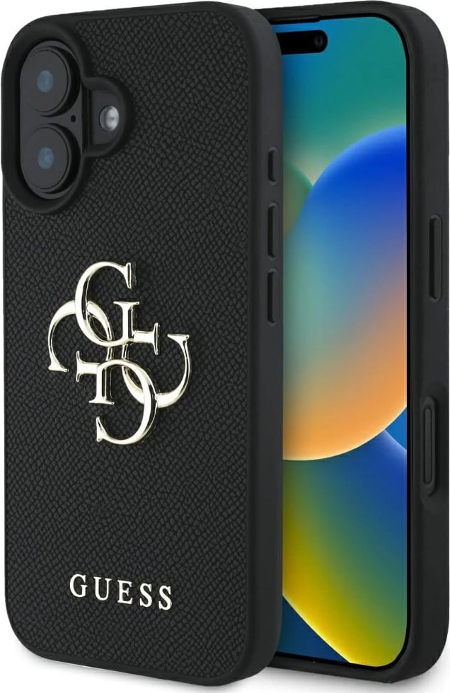 Mbështjellës Guess Grained Big 4G Logo Small Classic Logo për iPhone 16, e zezë