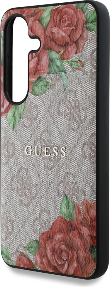 Mbështjellës Guess Leather 4G Flowers Print Metal Classic Logo MagSafe për Samsung Galaxy S25, Rozë
