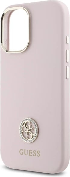 Mbështjellës Guess Silicone Logo Strass 4G për iPhone 16, Rozë e çelët