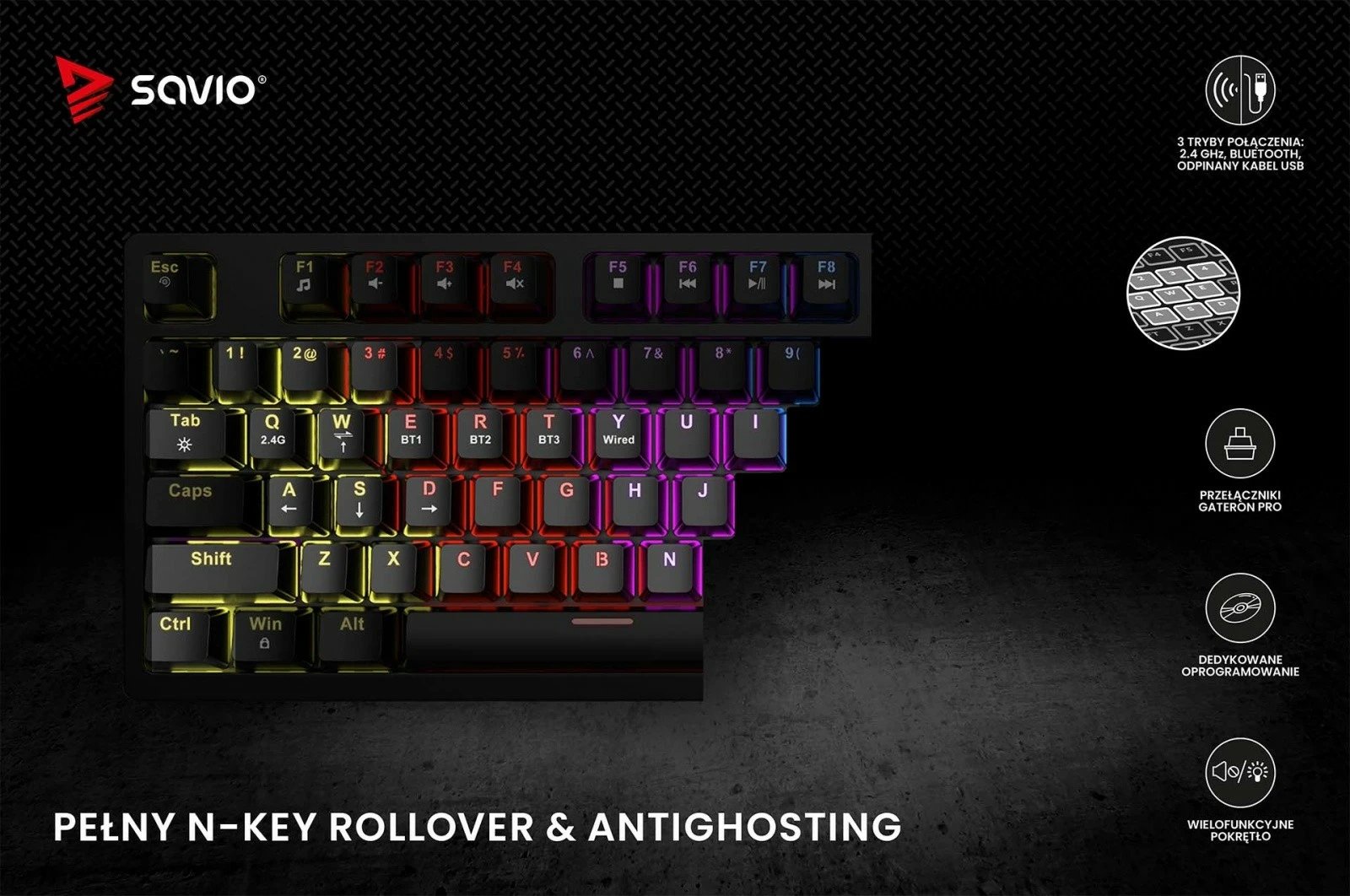 Tastierë mekanike wireless Savio Phenix, Gateron Red Pro, 82 taste, RGB, e zezë Tastierë mekanike wireless Savio Phenix, Gateron Red Pro, 82 taste, RGB, e zezë