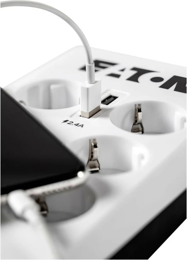 Zgjatëse me mbrojtje nga mbitensioni, Eaton PB6UD, 6 Schuko, 2x USB 2.4A, kabllo 1.5 m, 2500 W, ndërprerës 10 A, montim mur, e bardhë/e zezë