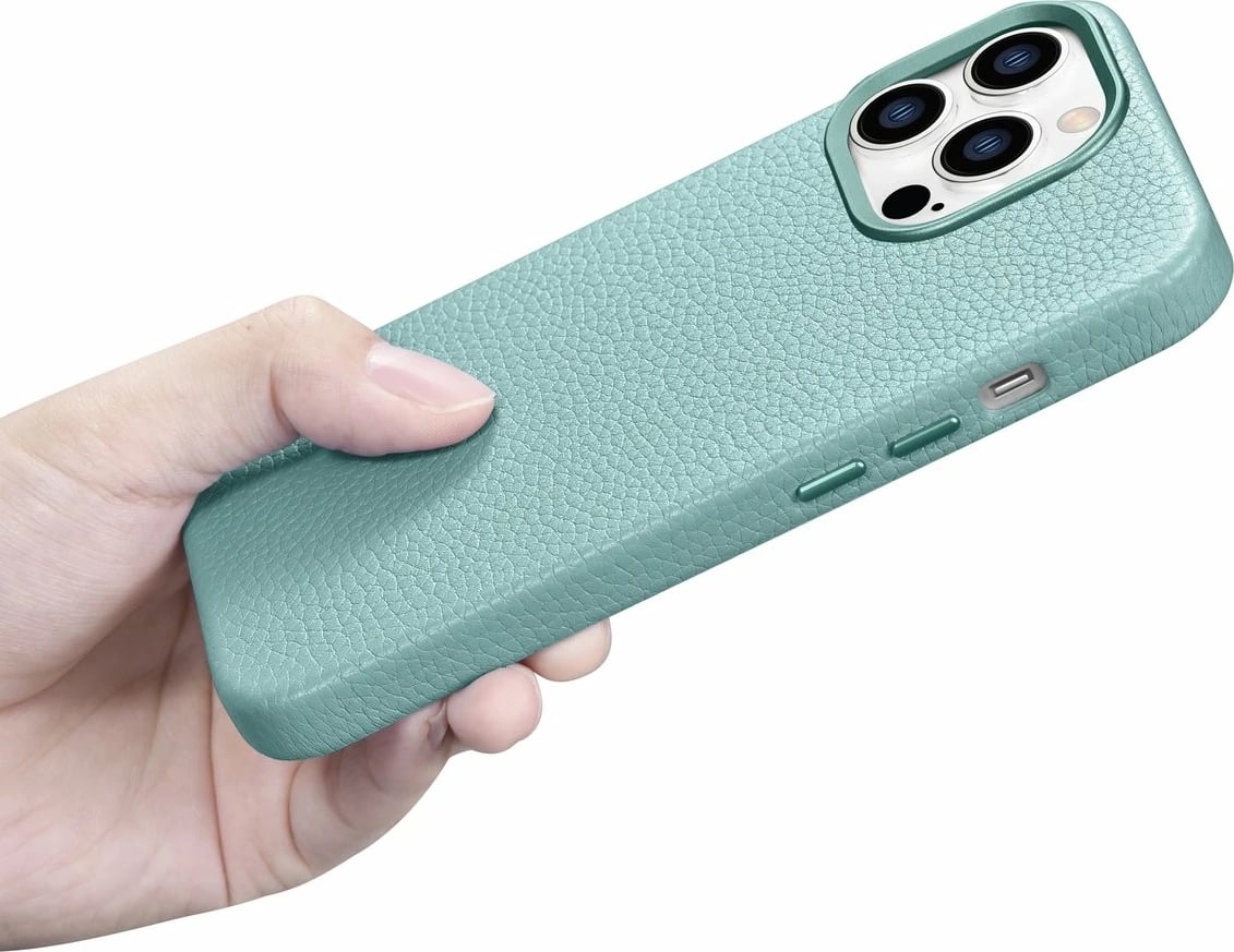 Mbështjellës iCarer Litchi Premium për iPhone 14 Pro, lëkurë natyrale, MagSafe, Jeshil