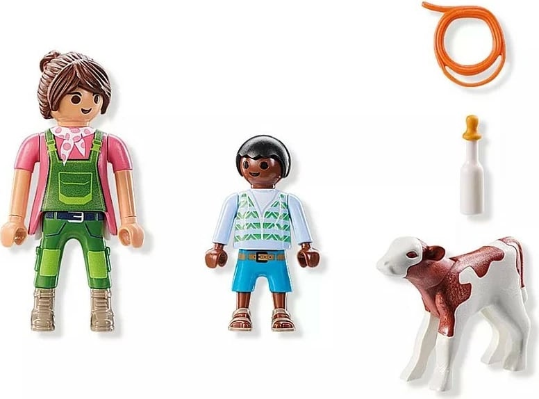 Set figurina Playmobil Duo Pack 71803, grua fshatare me fëmijë dhe viç, plastikë