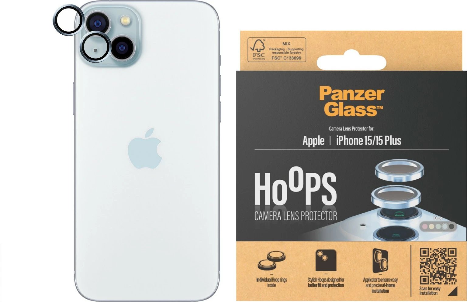 Mbrojtës kamere PanzerGlass për iPhone 15/15 Plus, xham i temperuar, blu