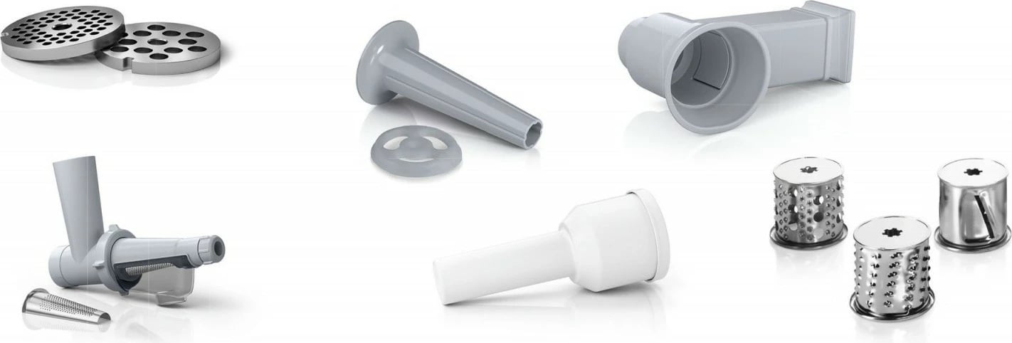 Grirëse mishi, Bosch MFW2517W, 1500W, sita 3.8/8 mm, me grirëse perimesh 3 tamburë, shtytës salçiçe, shtrydhëse manaferre/domate, e bardhë