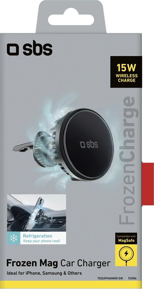Mbajtës magnetik me karikues wireless SBS TESUPFANWIR15W, për grilë të ajrit, 15W, me ftohje, i zi