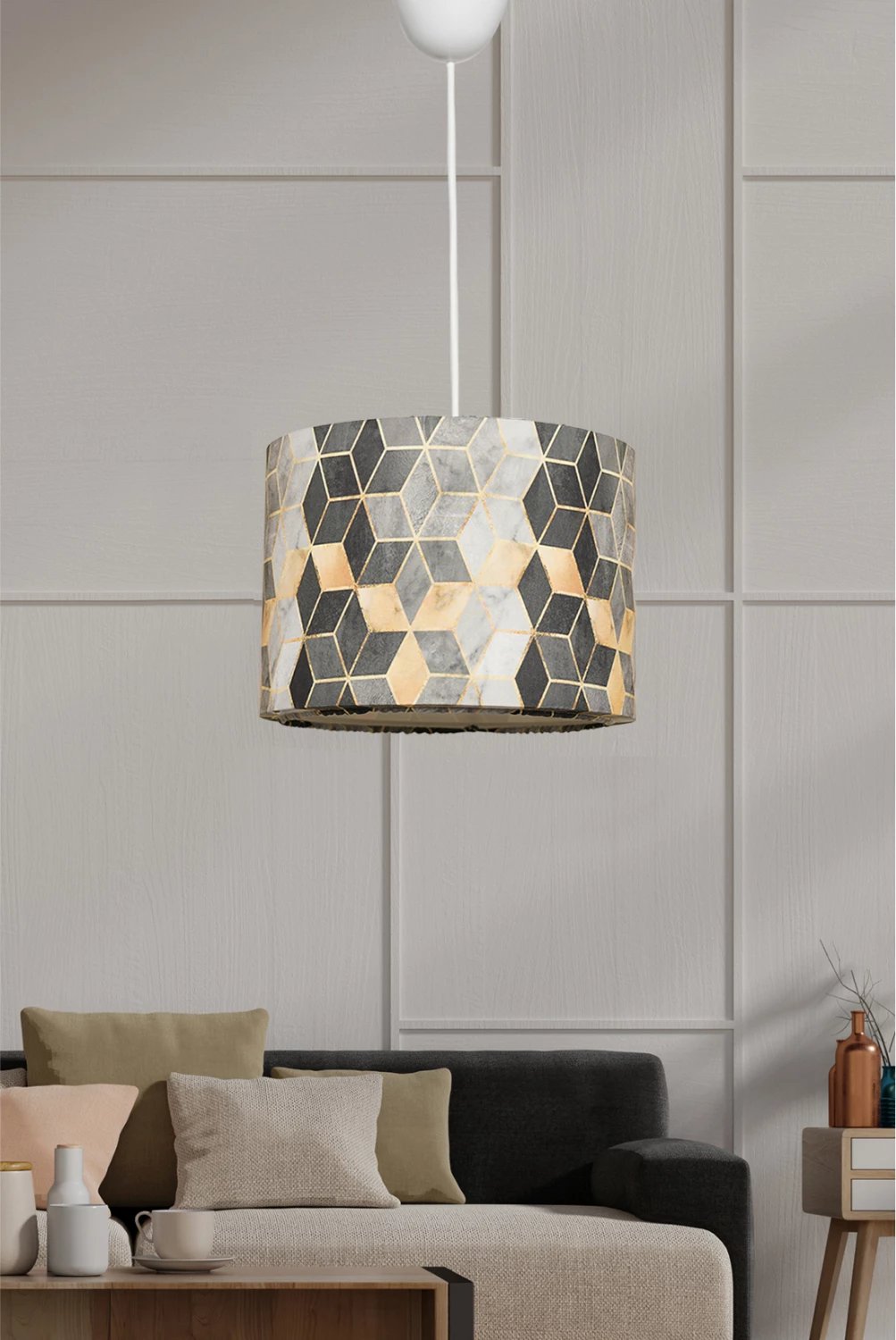 Llambë tavani varëse, metal dhe pëlhurë, gri dhe e verdhë, FH7370, 28x28x65 cm