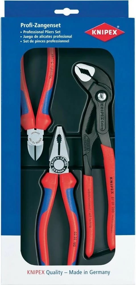Set pincash Knipex 3-copësh, dorezë kuqe/blu