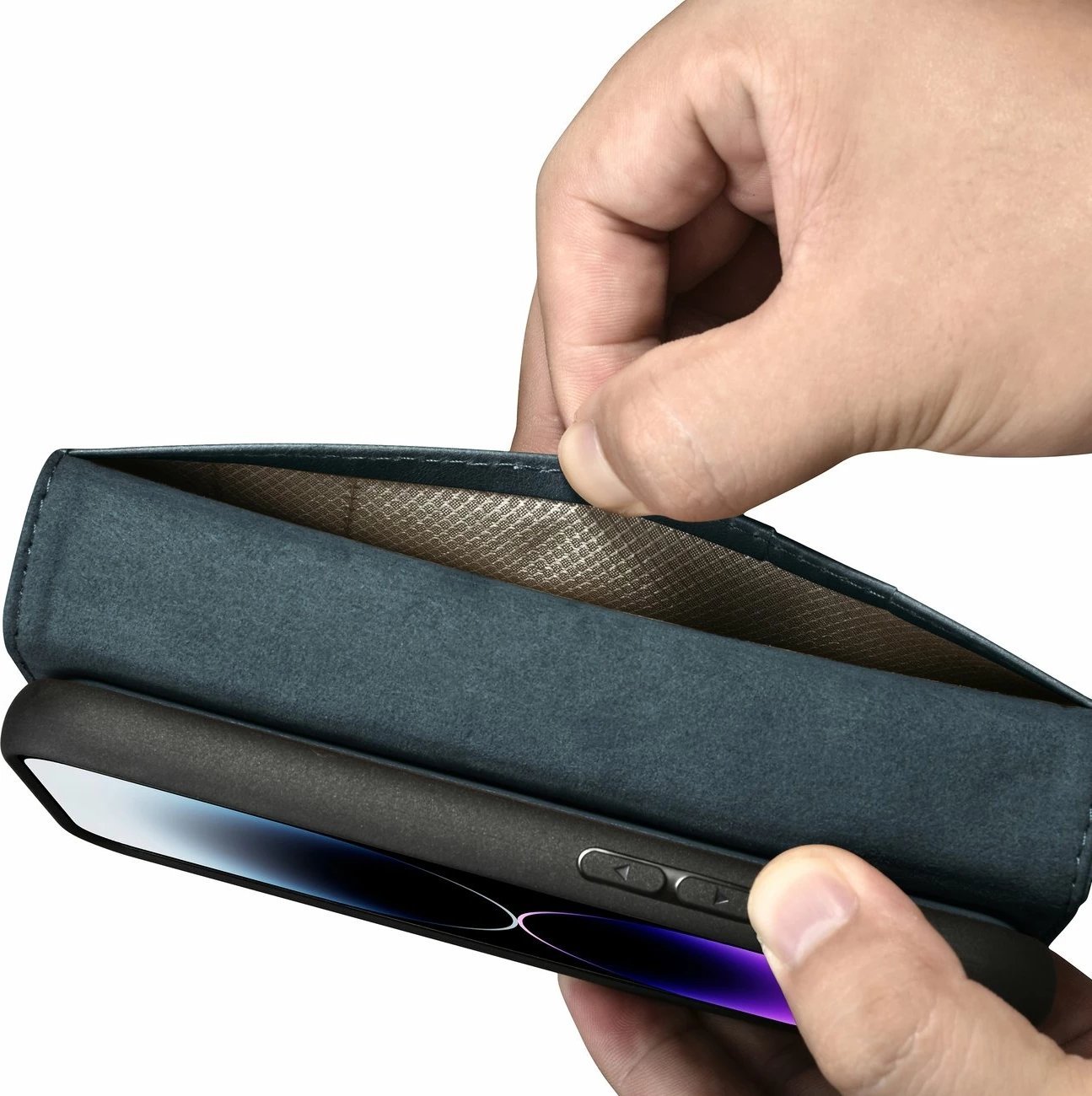 Mbështjellës iCarer Oil Wax Wallet 2in1 për iPhone 14 Pro Max, lëkurë, Anti-RFID, blu