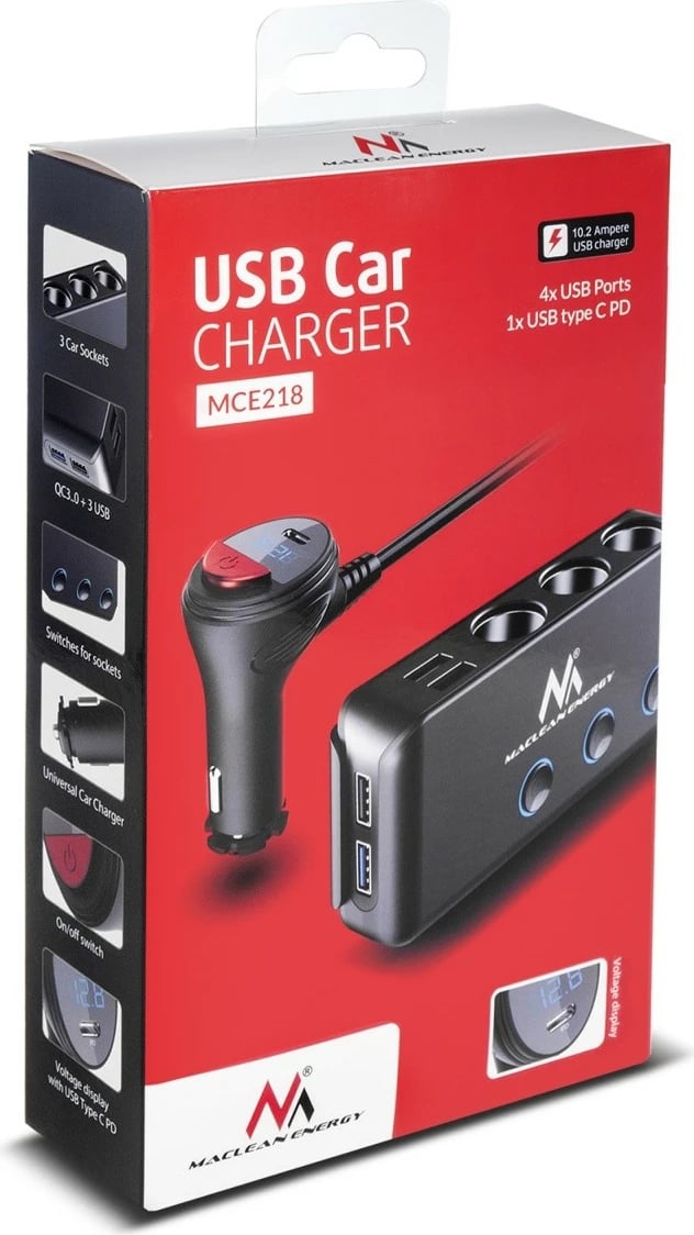 Ndarës prizë çakmaku Maclean MCE218, 4 porta USB + USB-C, i zi