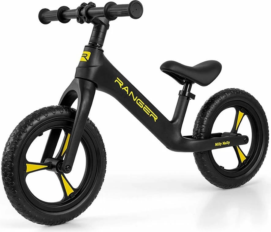 Biçikletë balancuese fëmijësh, Milly Mally Ranger, rrota 12" EVA pa shpim, kornizë kompozite e lehtë, sedilje e rregullueshme, e zezë