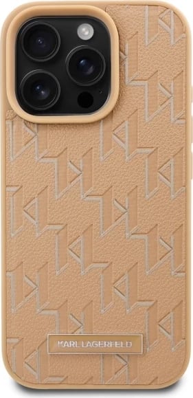 Mbështjellës Karl Lagerfeld për iPhone 16 Pro, lëkurë, MagSafe, Bezhë