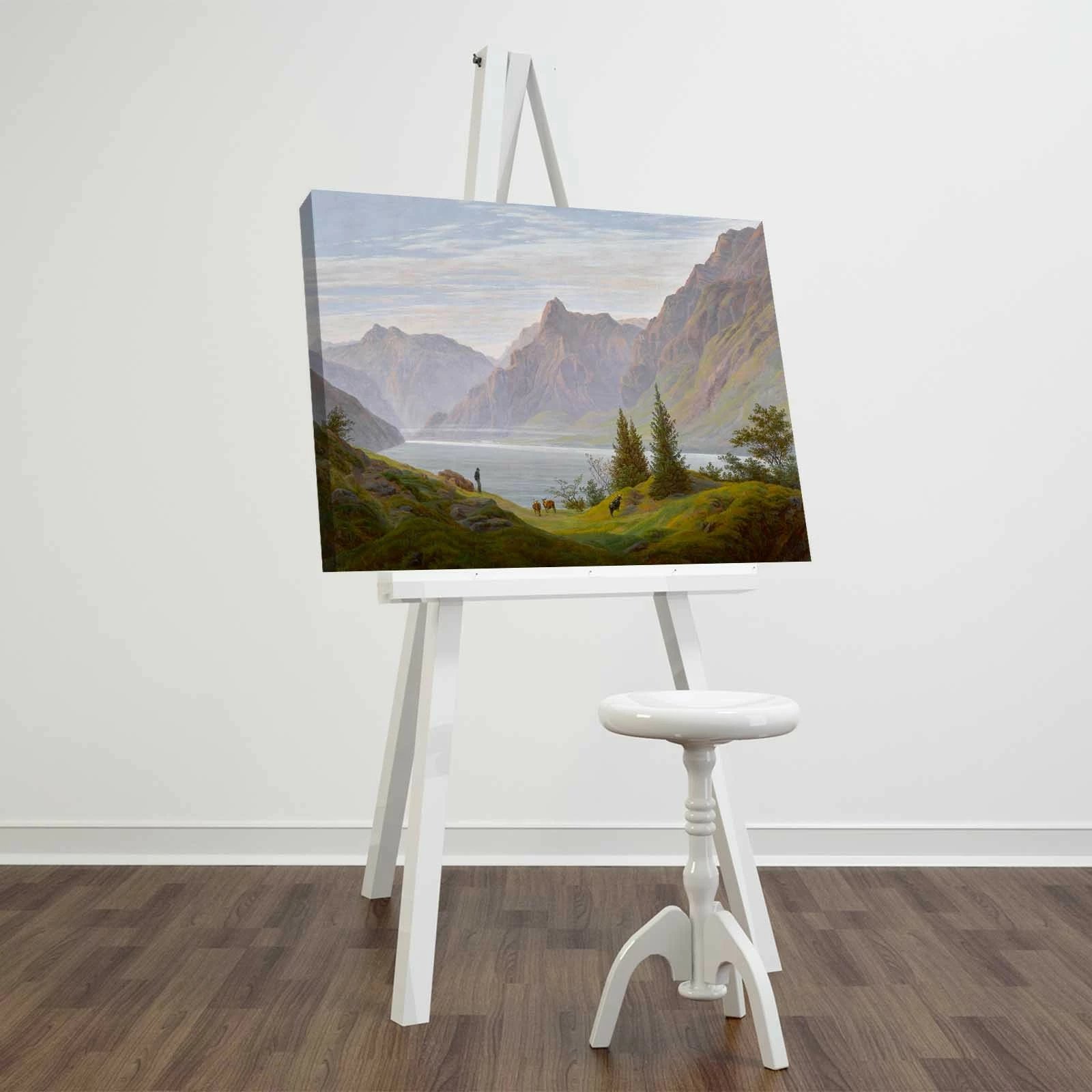Pikturë dekorative në kanavacë, peizazh me liqen malor, shumëngjyrëshe, 45x70cm