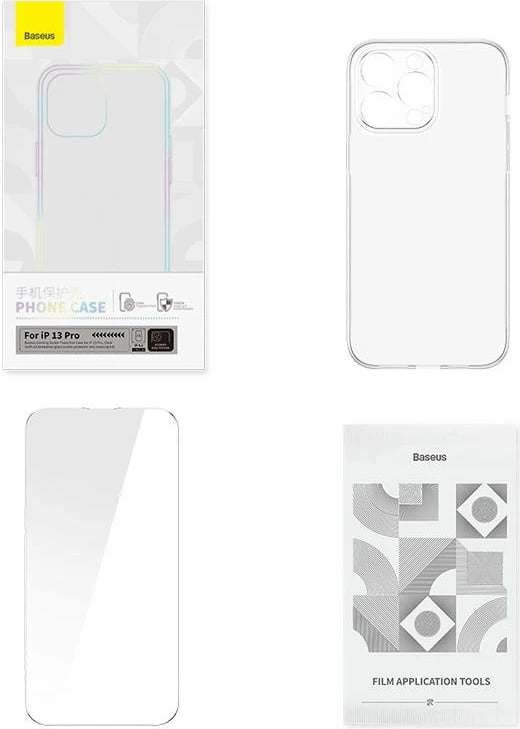 Mbështjellës dhe xham i temperuar Baseus Corning për iPhone 13 Pro, transparent, set