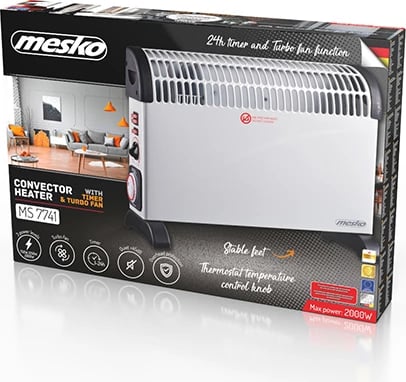 Ngrohës konvektor, Mesko, MS 7741, 2000W, termostat, timer 24h, ventilator Turbo, i bardhë