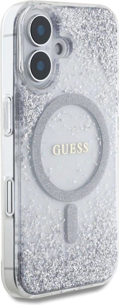 Mbështjellës Guess HC Resin Bottom Glitter MagSafe për iPhone 16, Argjendtë