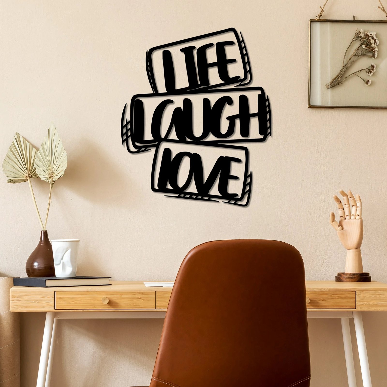 Aksesor dekorativ metalik për mur, Life Laugh Love, ngjyrë e zezë, 40x47cm