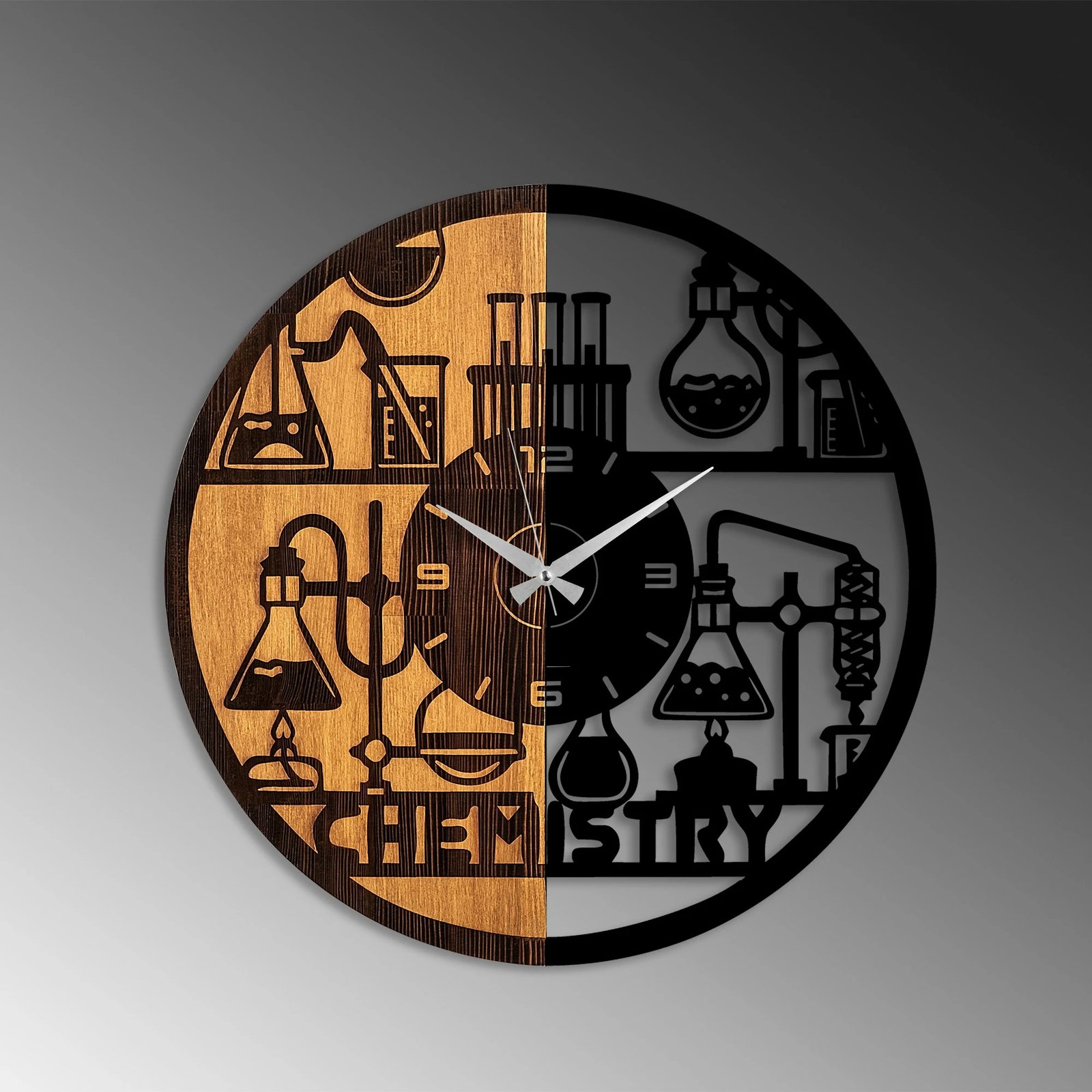 Orë muri dekorative prej druri, dizajn kimie, ngjyrë arre dhe e zezë, 56cm