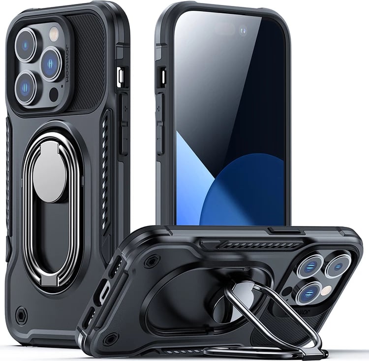 Mbështjellës Joyroom Dual Hinge për iPhone 14 Pro, me mbajtëse dhe unazë, i zi