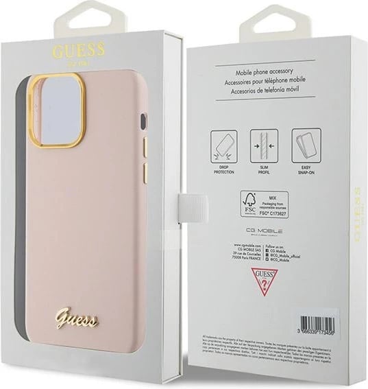 Mbështjellës Guess Silicone Script Metal Logo & Frame për iPhone 15 Pro, Rozë