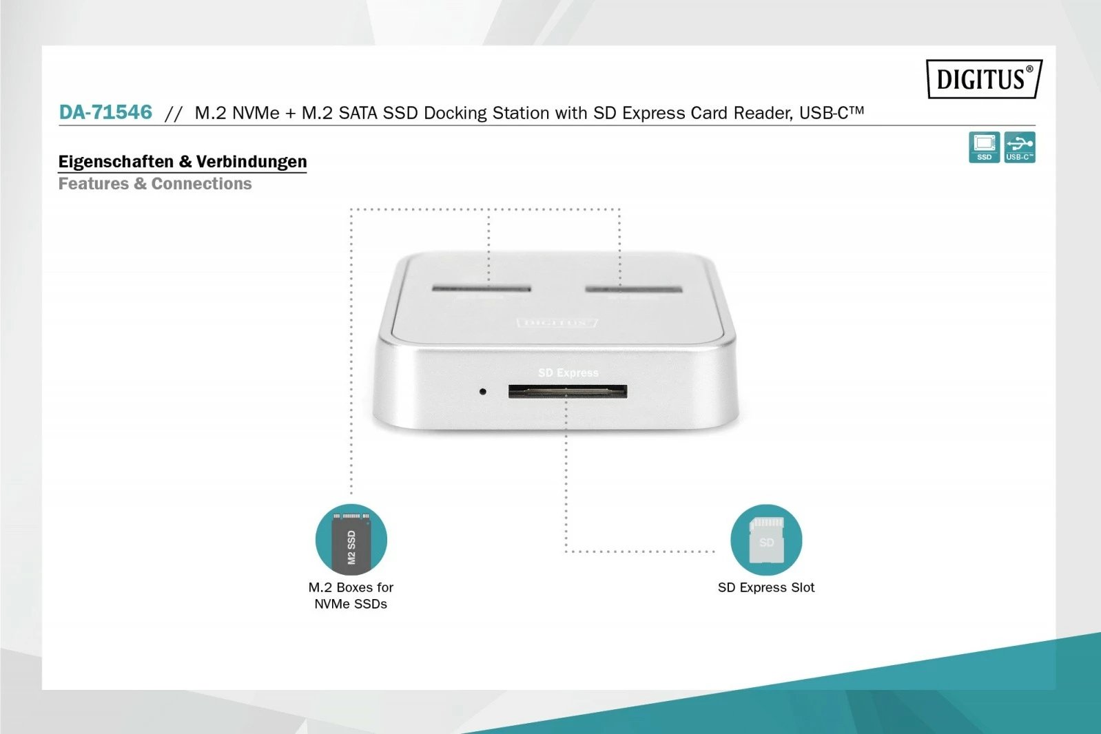 Docking station Digitus DA-71546 për SSD M.2 NVMe/SATA dhe SD-Express, Argjendtë