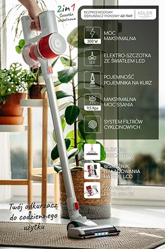 Fshesë elektrike pa kabllo vertikale Adler AD 7051, 300W, 0.6L, 22.2V Li-ion 2200mAh, brushë me LED, tregues LCD, e bardhë/kuqe Fshesë elektrike pa kabllo vertikale Adler AD 7051, 300W, 0.6L, 22.2V Li-ion 2200mAh, brushë me LED, tregues LCD, e bardhë/kuqe