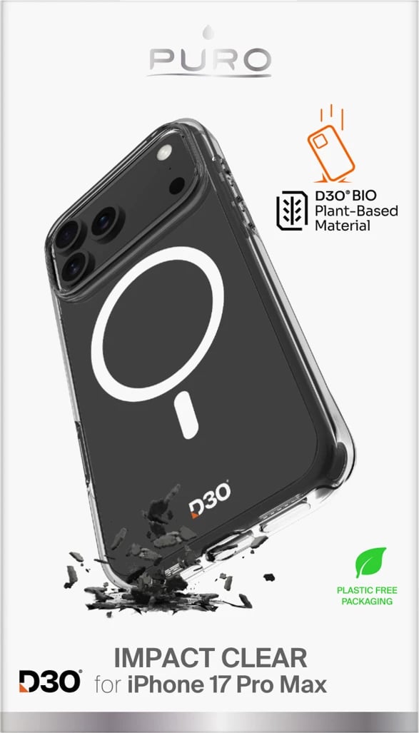 Mbështjellës Puro Impact Clear D3O për iPhone 17 Pro Max, MagSafe, Transparent