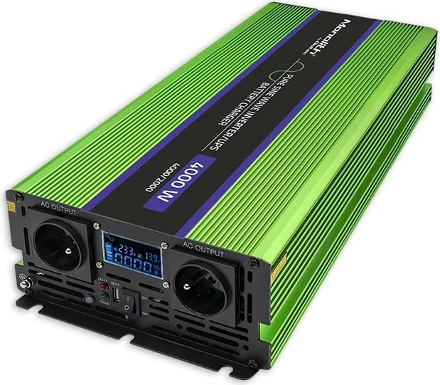 Konvertues voltazhi Qoltec Monolith 51943, 2000W/4000W, 12V në 230V, Pure Sinus, LCD, Jeshile