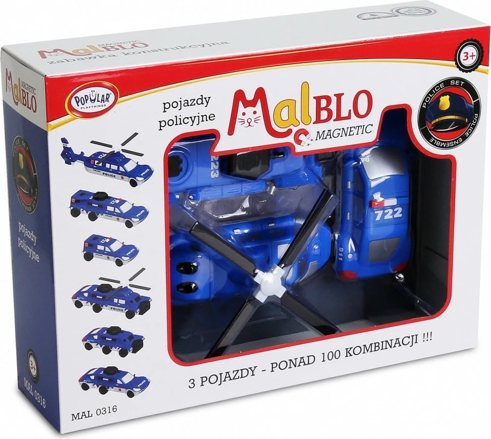 Set lodrash magnetike MalBlo, MALIK, 0316, 3 automjete policie, Blu
