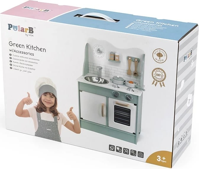 Kuzhinë loje prej druri, Viga, me lavaman metalik, furrë dhe sobë me 2 rrema, me ora dhe butona rrotullues, ngjyrë mint, set me aksesorë
