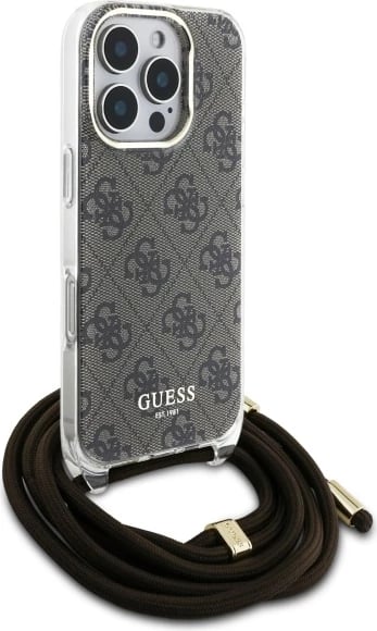 Mbështjellës Guess Crossbody Cord 4G Print për iPhone 16 Pro, Kafe