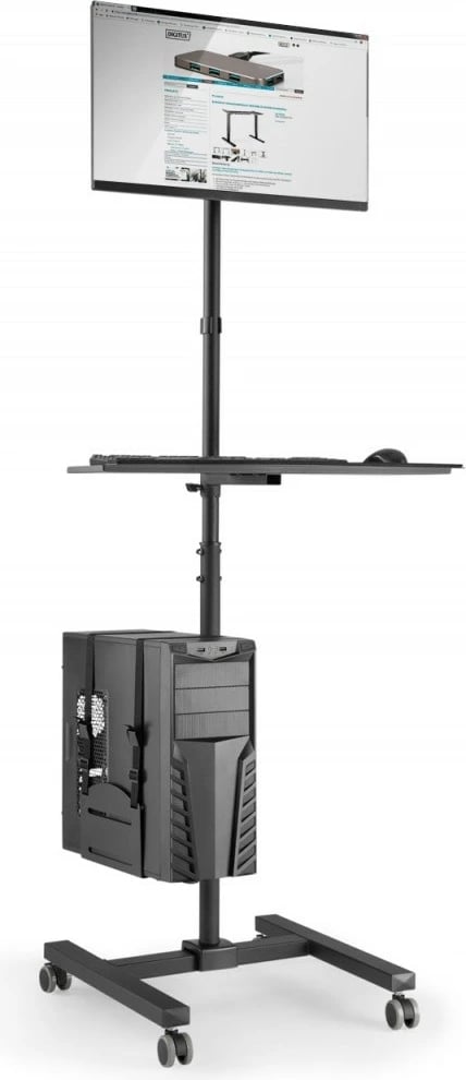 Stacion pune mobil Digitus DA-90374 me mbajtës monitori, tastiere/mausi dhe PC, rregullim lartësie, i zi