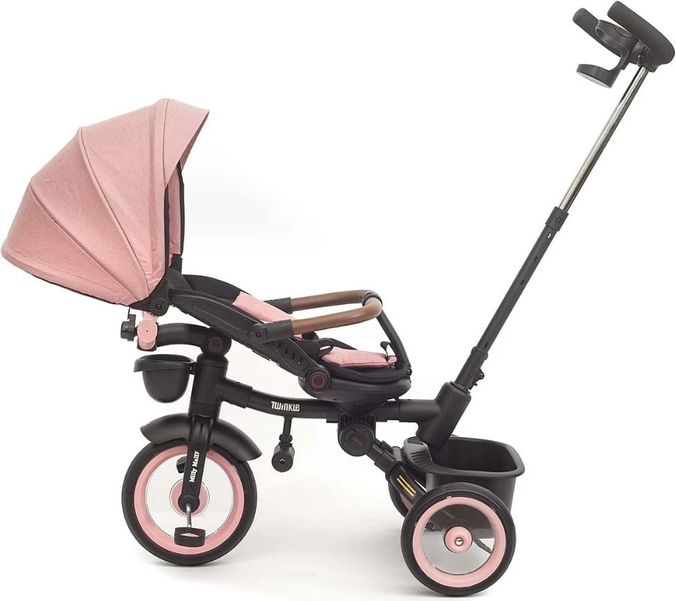 tricikël fëmijësh, Milly Mally Twinkle, sedilje rrotulluese 180°, timon prindëror i rregullueshëm, dritë LED, 12+ muaj, rozë