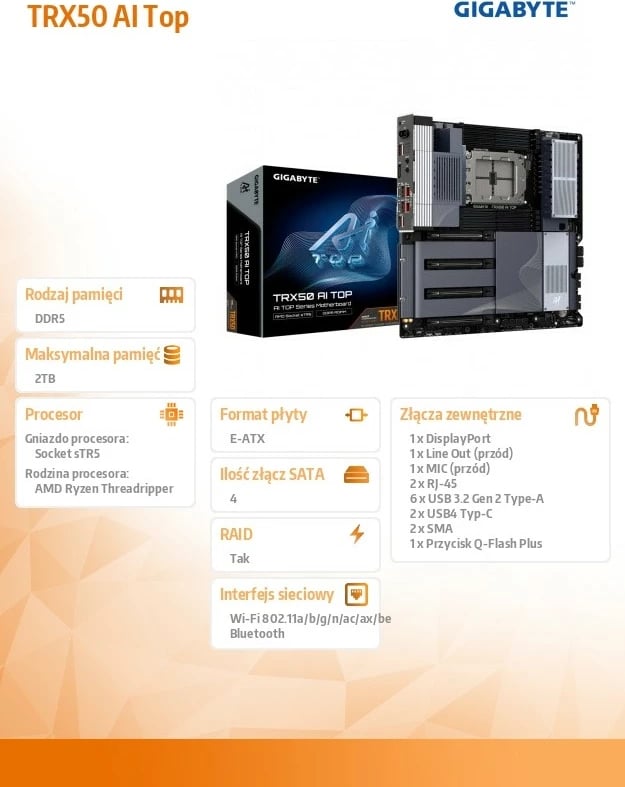 Pllakë amë, Gigabyte TRX50 AI TOP 1.1, sTR5, AMD TRX50, 8 DDR5 ECC R-DIMM deri 2 TB, 4x PCIe 5.0 x16, 4x M.2, 2x USB4, 2x 10GbE, Wi‑Fi 7, DisplayPort
