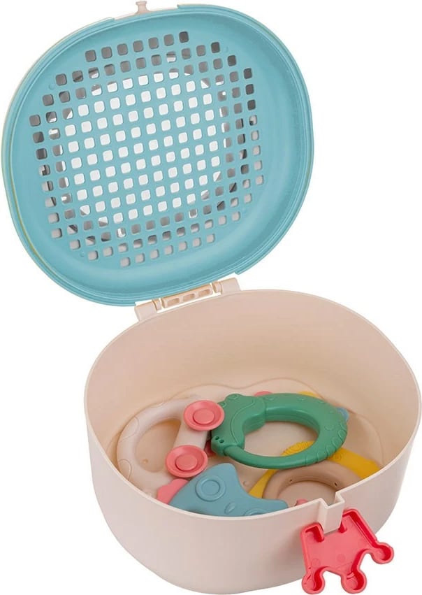 Kuti ruajtëse për lodra gringëlluese dhe kafshues, AKUKU, me dorezë, kapëse në formë kurore, grilë tharëse/sitë, dritare transparente, 20x18x13 cm, e bardhë