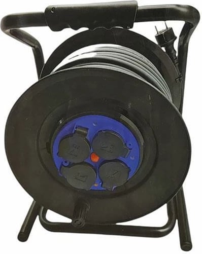 Bobinë zgjatimi MEGAMAN 25m, 4 Priza, Mbrojtje mbinxehje, Zi - Blu