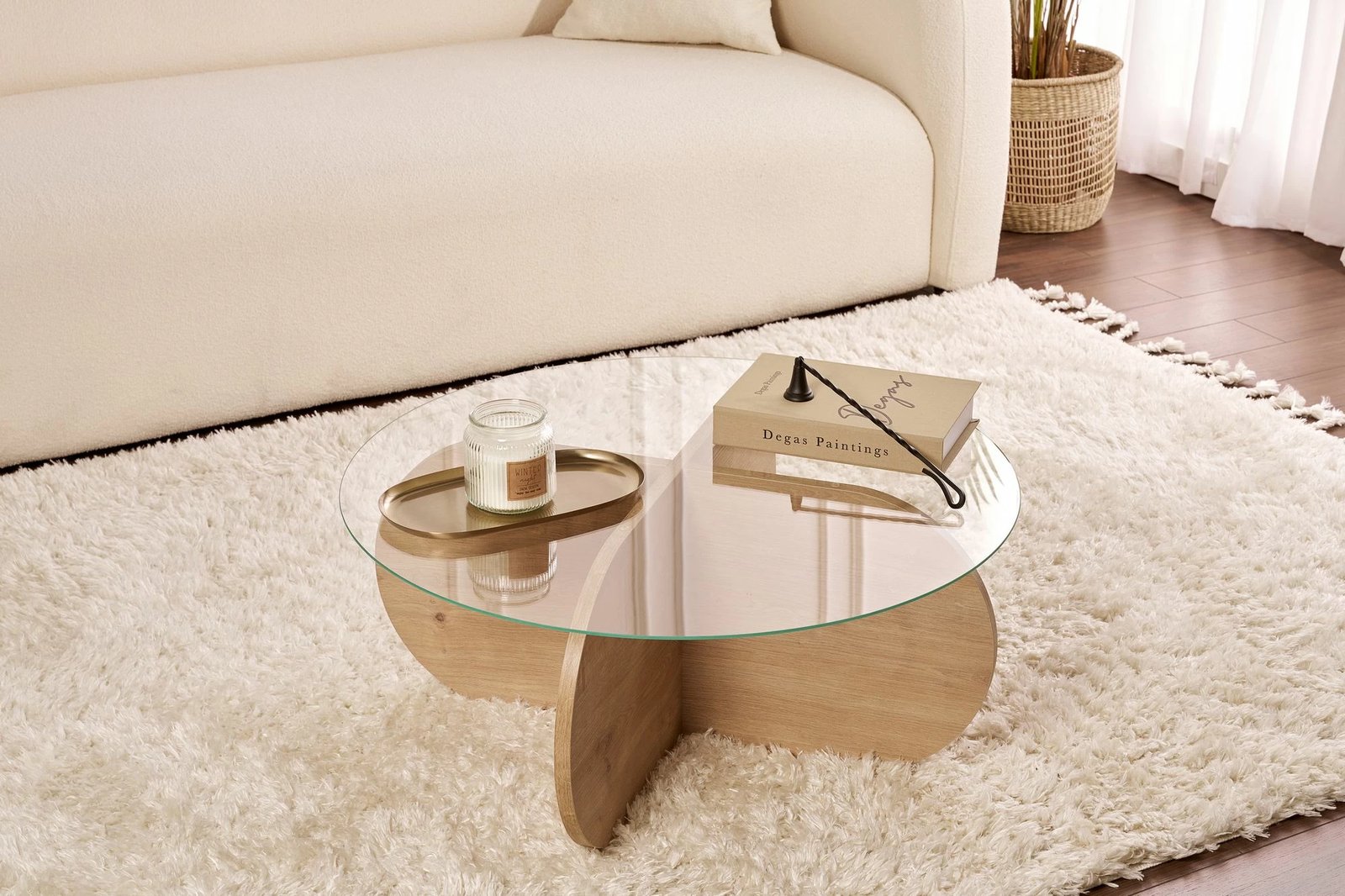 Tavolinë kafeje Nordure, Aeris, ngjyrë lisi safir, xham transparent