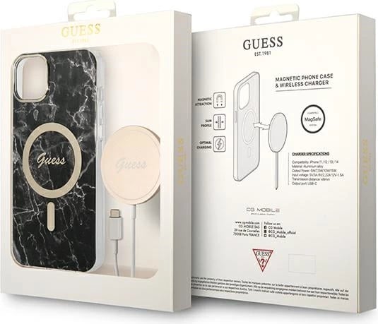 Set mbështjellës Guess Marble Collection me karikues wireless MagSafe për iPhone 14, 6.1", e zezë