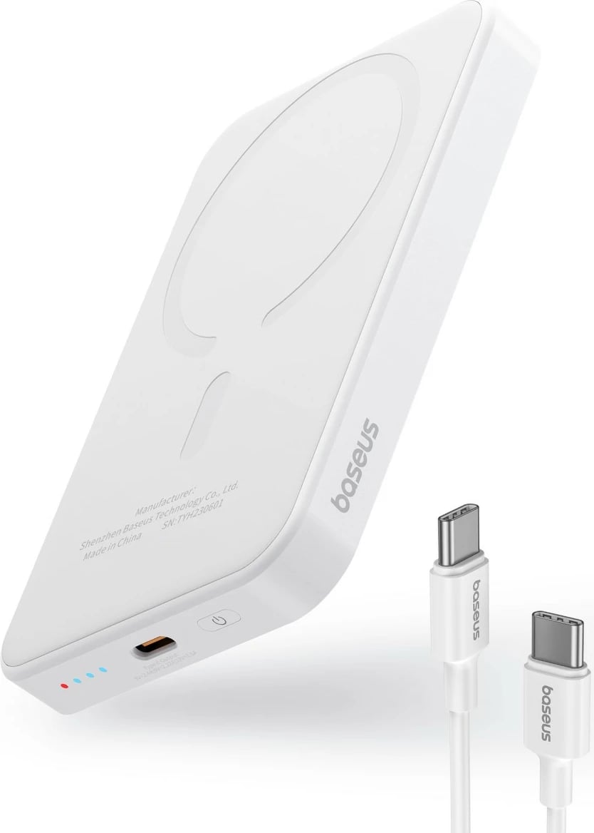 Power bank Baseus Magnetic Mini 5000mAh, 20W, me kabllo USB-C, Bardhë
