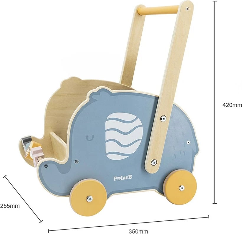 Karrocë ecëse druri fagu, Viga Elephant, rrota me gomë antirrëshqitëse, 12m+, multingjyrësh