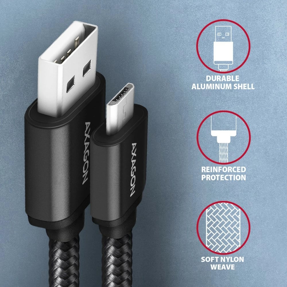 Kabllo Micro USB AXAGON BUMM-AM20AB, 2m, USB 2.0, 2.4A, e zezë, najlon