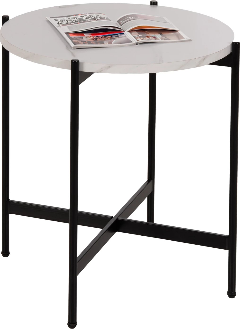 Tavolinë anësore FH9589.05 MDF mermer i bardhë-bazë metalike e zezë Φ50x55Hcm